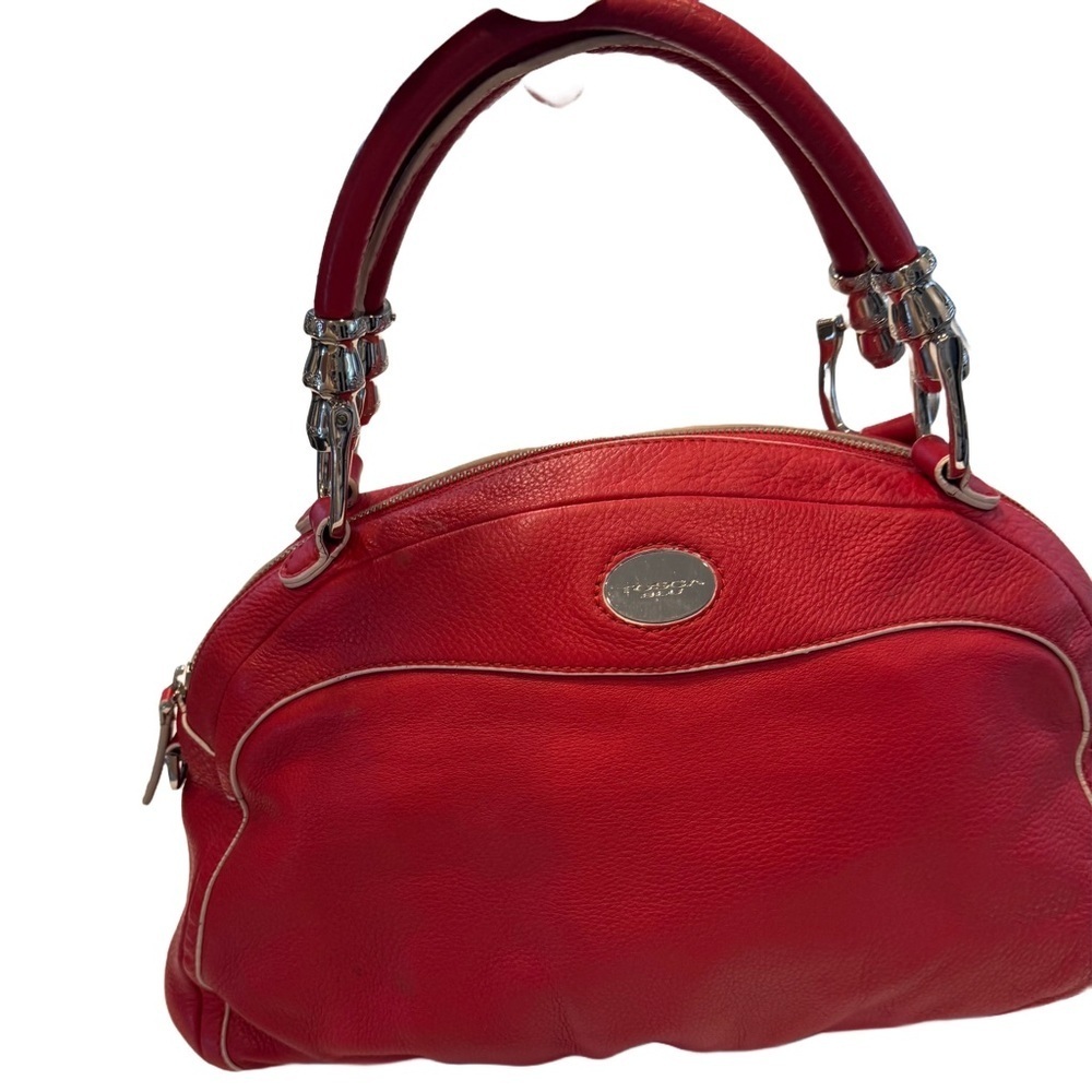 Tosca Blu Red Leather 2 Handle Satchel With Bold Chrome Accents white piping